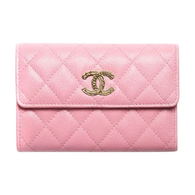 CHANEL 22K Autumn And Winter Grain Embossed Caviar Calfskin With Gold Metal Wallet Women's Light Pink Red-0