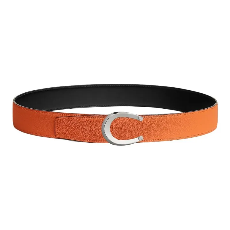 HERMES Metal Calfskin Palladium Plated Leather Leather Belts Men's Black Width  3.8CM-1