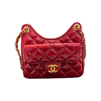 CHANEL Waxed Leather Hobo Bag Shoulder Bag Small Size Women's Red