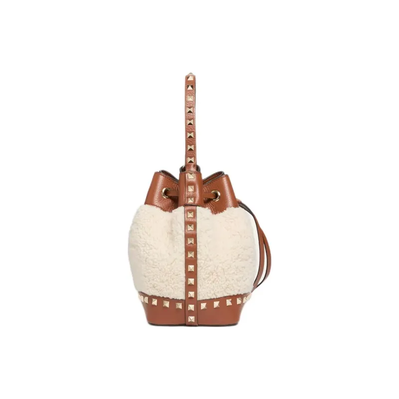 Valentino GARAVANI Shearling Bucket Bags One Shoulder Handbags Women's Natural Color Block Brown-2