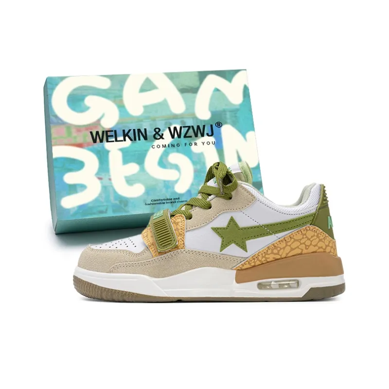 WELKIN&WZWJ Stars Collection White Sneakers Slip-Resistant Height Increasing Low-Top Skateboard Shoes Unisex-116