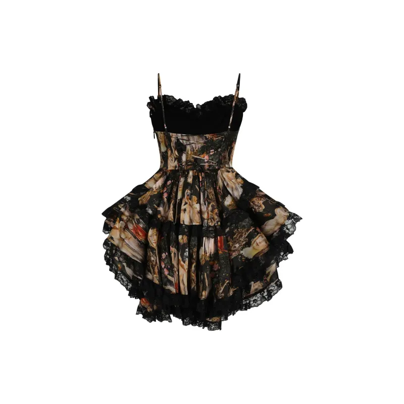 Selkie Collection FW24 Slip Dress Women's Black With Vintage Gods Garden Print-1