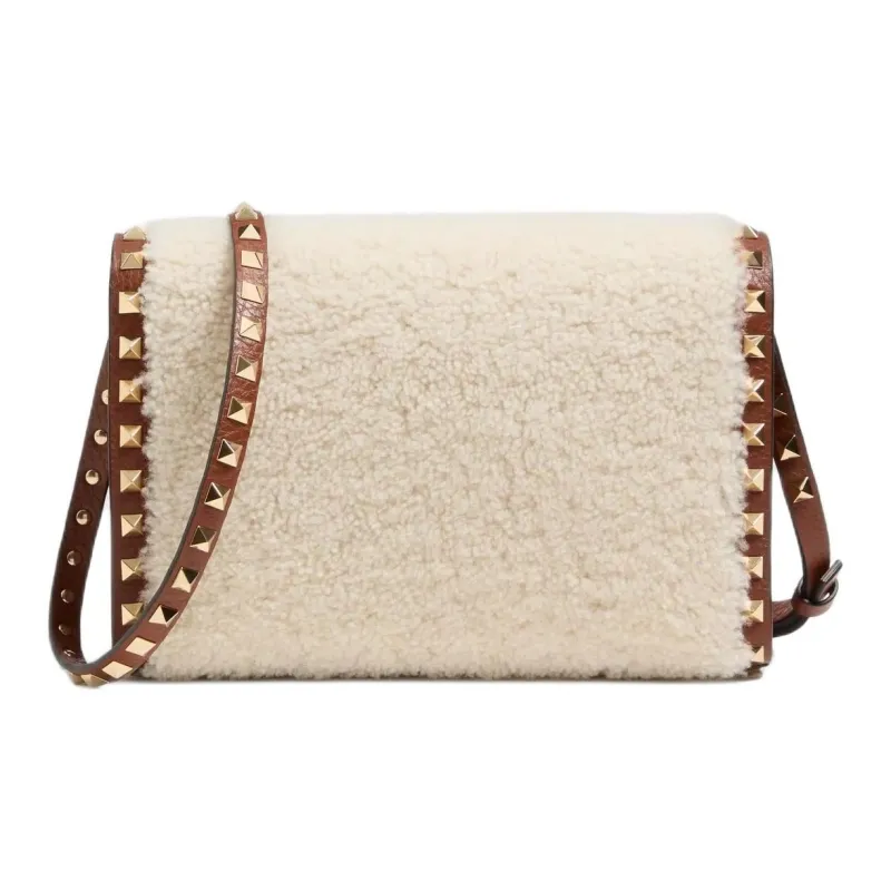Valentino GARAVANI Shearling Crossbody Bag Shoulder Bag Small Size Women's Natural Color Block Brown-3