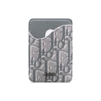 DIOR Oblique Printed Fabric Grain Embossed Cow Leather Card Holder Men's Dark Gray