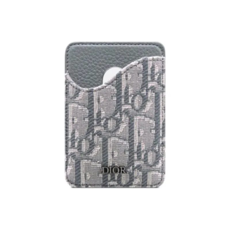 DIOR Oblique Printed Fabric Grain Embossed Cow Leather Card Holder Men's Dark Gray-0