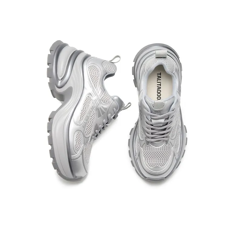 Talitaqoom Lightweight Height Increasing Low Top Chunky Sneakers Women's Silver-3