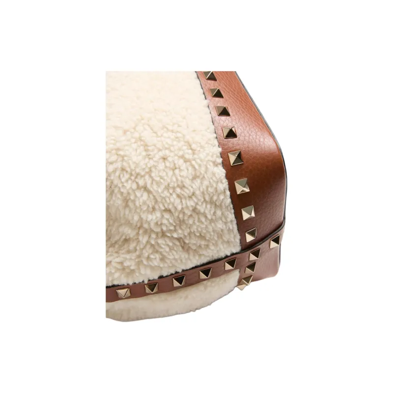 Valentino GARAVANI Shearling Bucket Bags One Shoulder Handbags Women's Natural Color Block Brown-4