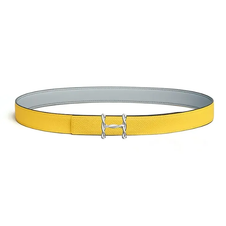 HERMES Calfskin Metal Palladium Plated Leather Belts Women's Gray/Yellow Width 2.4CM-1