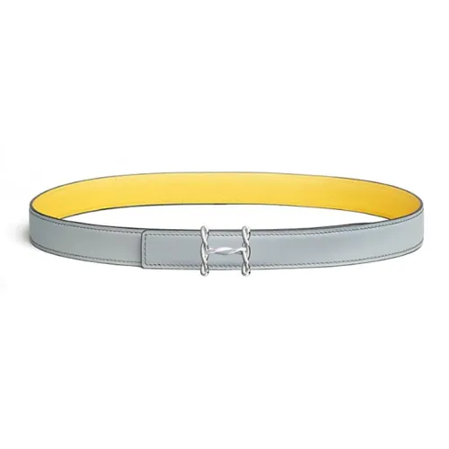 HERMES Calfskin Metal Palladium-Plated Leather Belts Women's Gray/Yellow Width 2.4CM