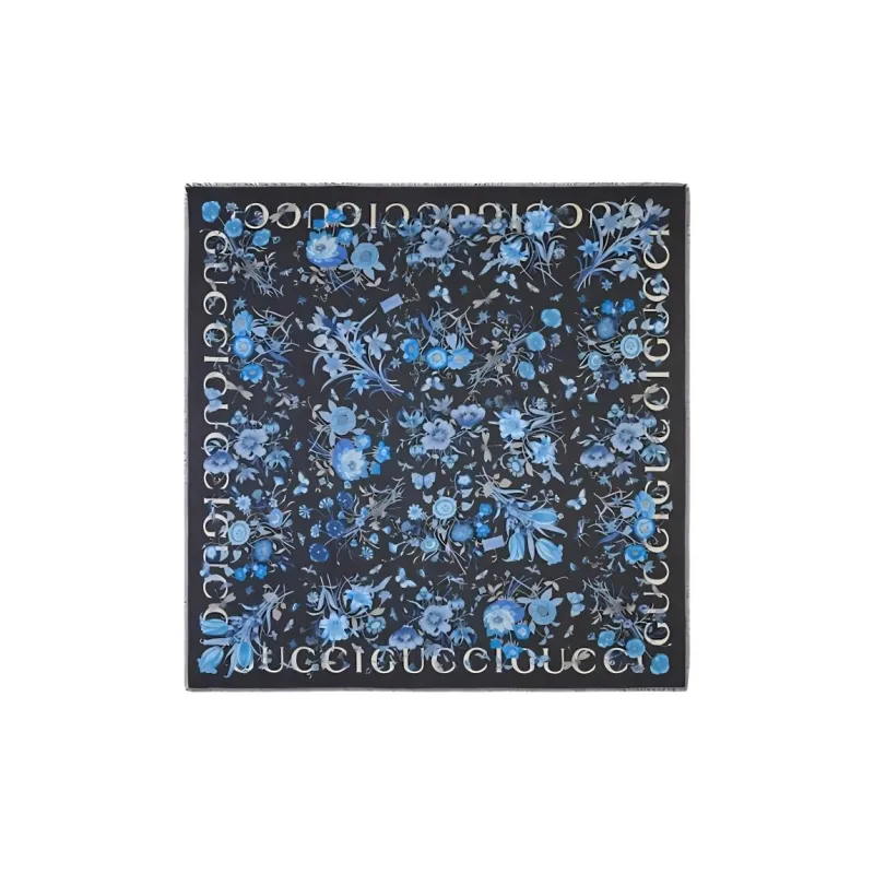 GUCCI Cotton Cashmere Silk Scarves Women's Blue-0