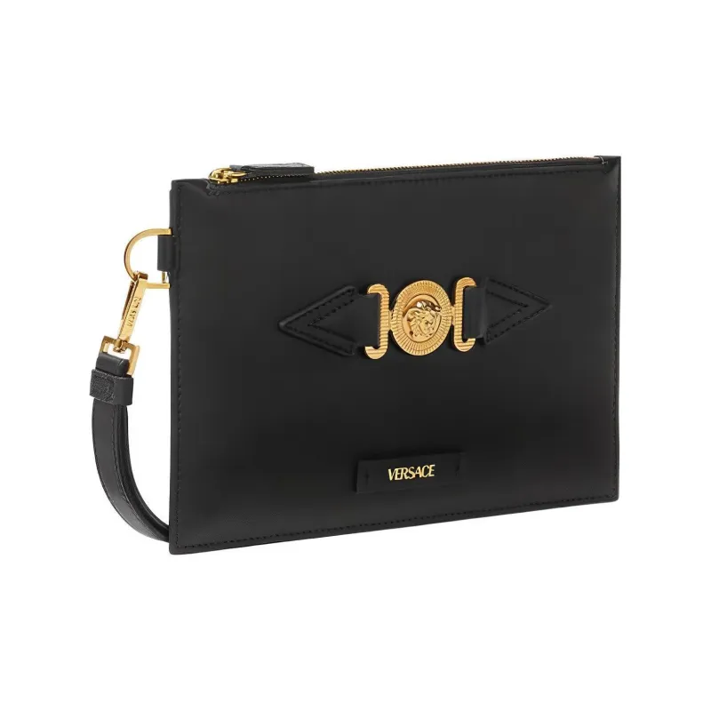 VERSACE MEDUSA BIGGIE Series Cow Leather Clutch Trumpets Men's Black & Gold-1