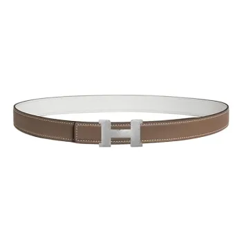 HERMES Calfskin Leather Belts Women's Taupe/White Width 2.4CM