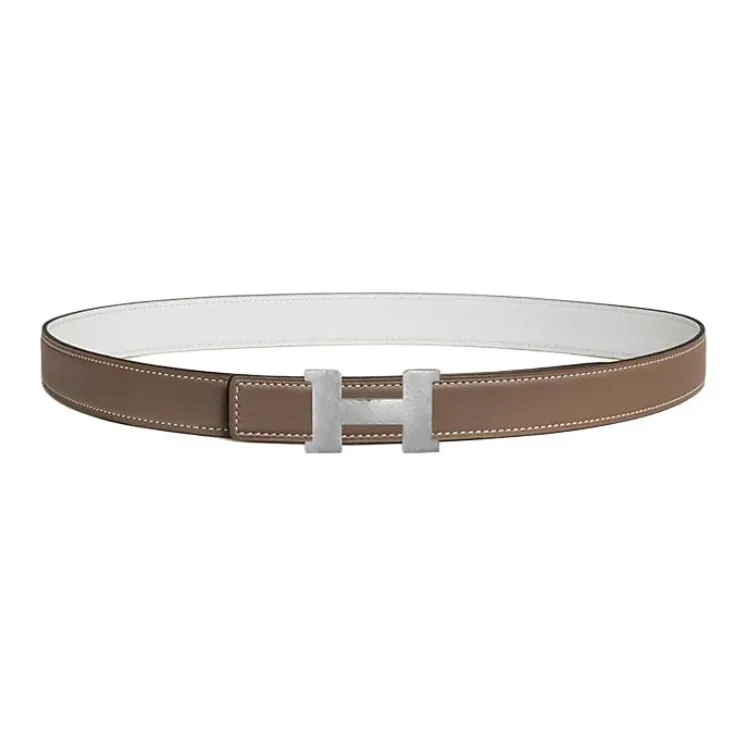 HERMES Calfskin Leather Belts Women's Taupe/White Width 2.4CM-0