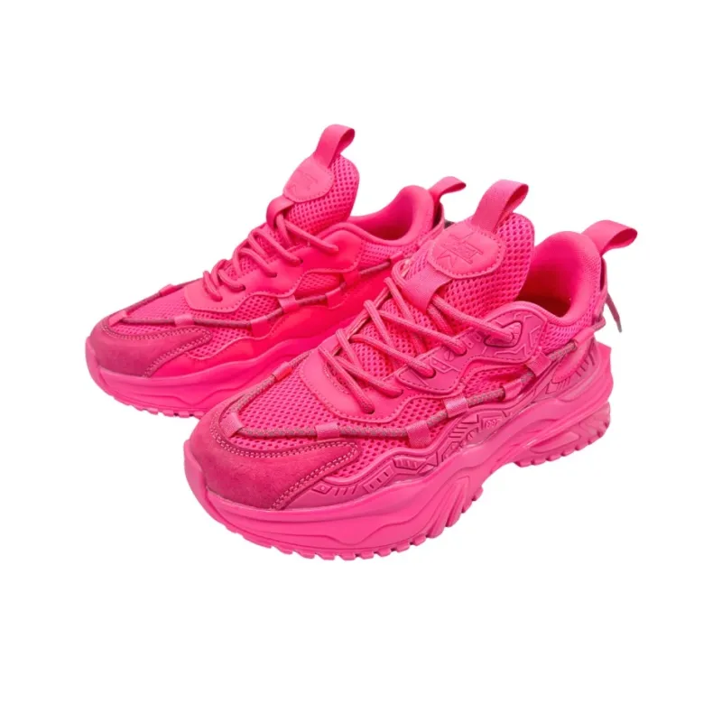QIANJIN Cushioning, Slip Resistant, Coverage, Height Increasing Low Top Chunky Sneakers Unisex Rose Red-2