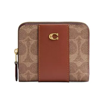 COACH Signature Canvas Card Holder Wallet Mini Women's Tan With Caramel Accents