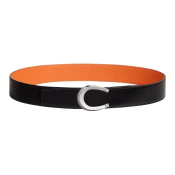 HERMES Metal Calfskin Palladium Plated Leather Leather Belts Men's Black Width  3.8CM