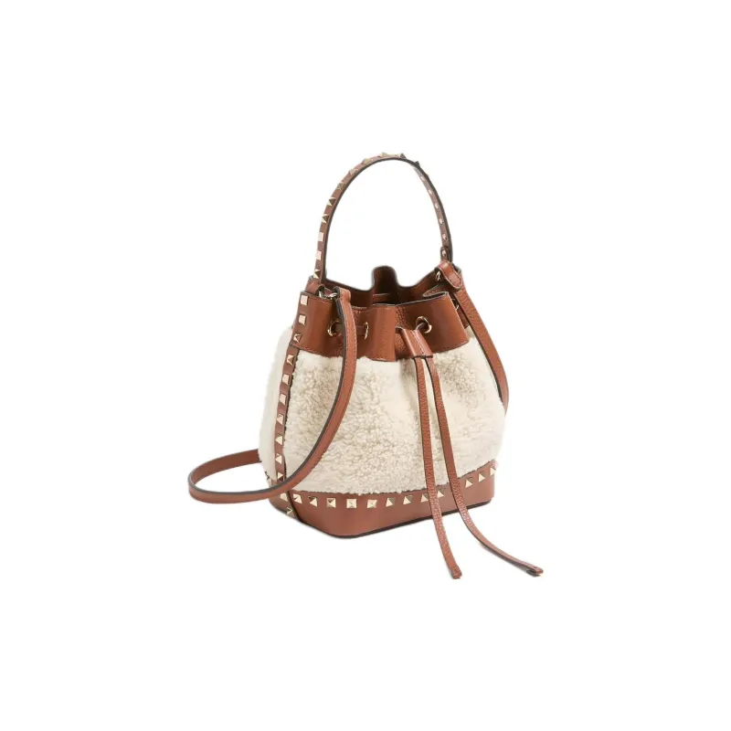 Valentino GARAVANI Shearling Bucket Bags One Shoulder Handbags Women's Natural Color Block Brown-1