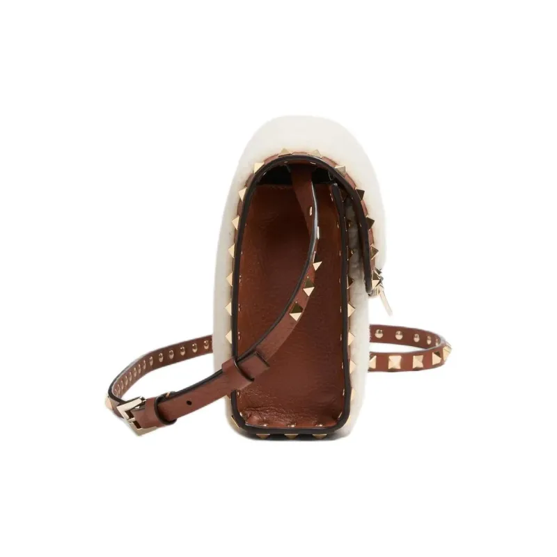 Valentino GARAVANI Shearling Crossbody Bag Shoulder Bag Small Size Women's Natural Color Block Brown-2