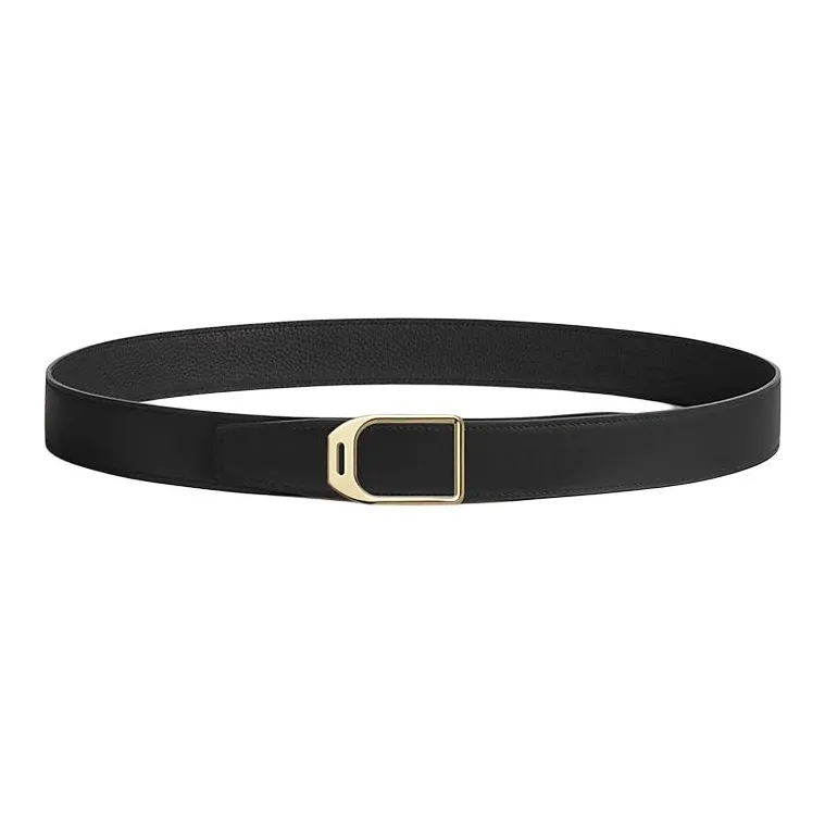 HERMES Calfskin Leather Belts Men's Black Width  3.2CM-0