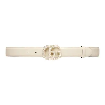 GUCCI Leather, Metal Parts, Crystal Leather Belts Women's White Width 3CM
