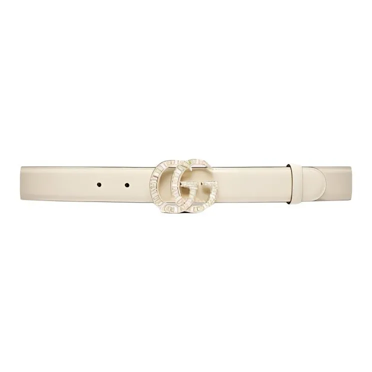 GUCCI Leather, Metal Parts, Crystal Leather Belts Women's White Width 3CM-0