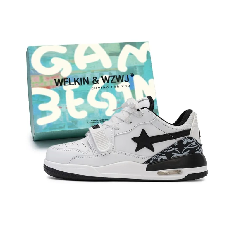 WELKIN&WZWJ Stars Collection White Sneakers Slip-Resistant Height Increasing Low-Top Skateboard Shoes Unisex-5