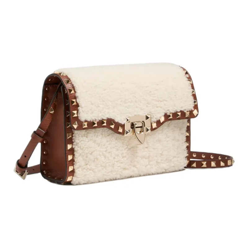 Valentino GARAVANI Shearling Crossbody Bag Shoulder Bag Small Size Women's Natural Color Block Brown-1