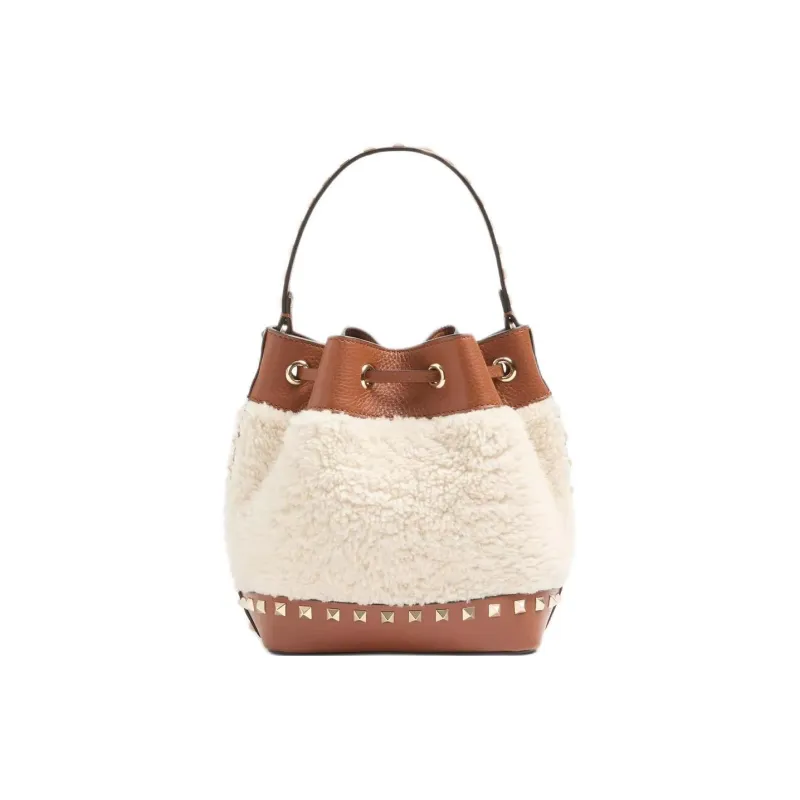 Valentino GARAVANI Shearling Bucket Bags One Shoulder Handbags Women's Natural Color Block Brown-3
