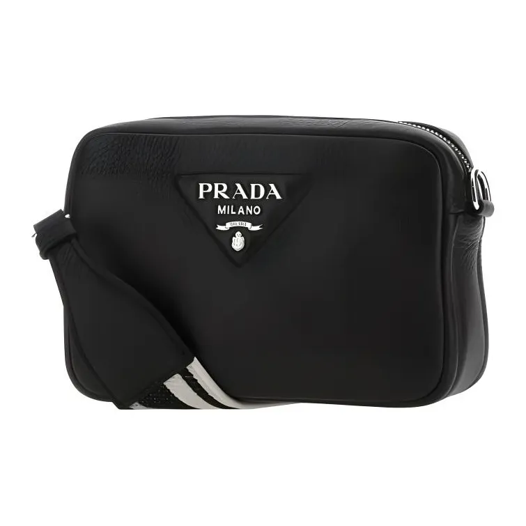 PRADA Pebbled Leather Camera Bag, Shoulder Bag, Crossbody Bag Trumpets Women's Black-1
