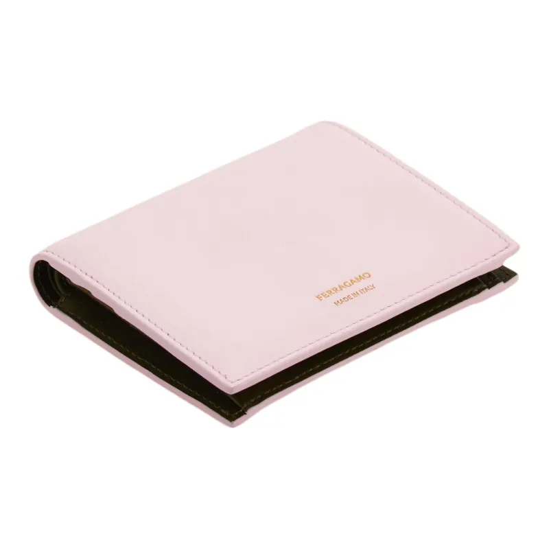 FERRAGAMO Calfskin Wallet Women's Light Pink With Olive Green Accents-2