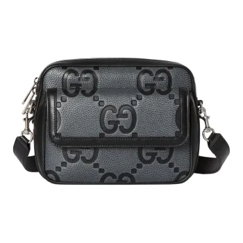 GUCCI Jumbo GG Grained Leather Crossbody Bag Shoulder Bag Small Size Men's Gray & Black