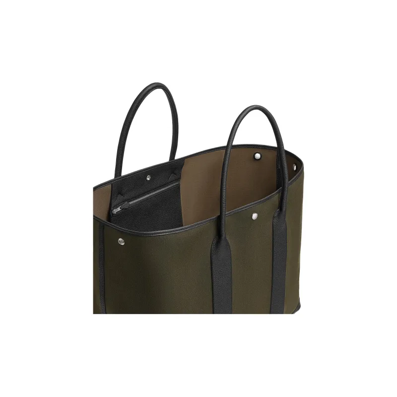 HERMES Garden Party Woolycot Canvas With Negonda Calfskin Handbag Women's Charcoal Black-2
