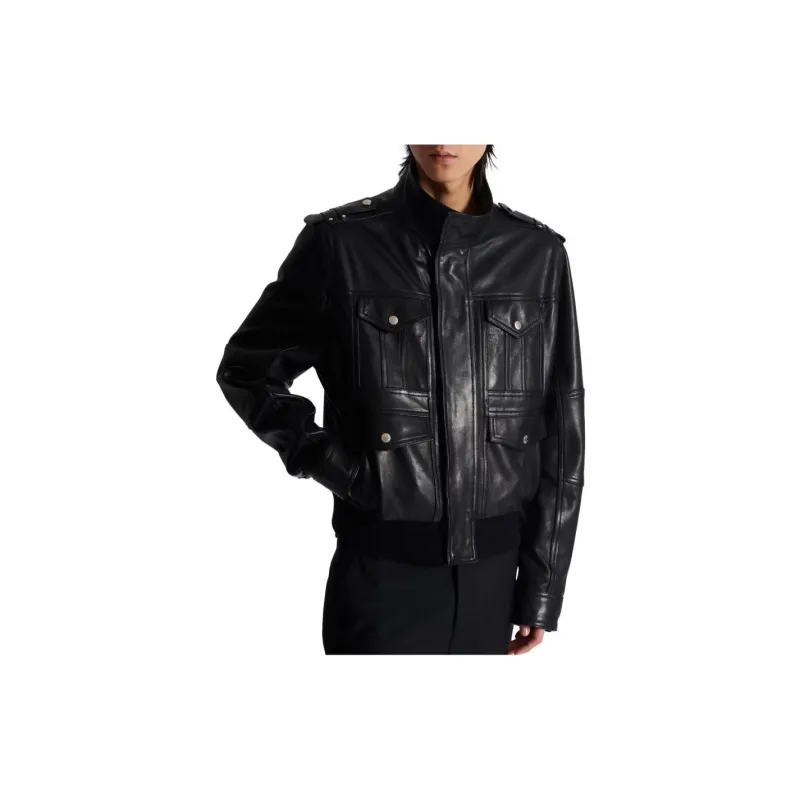 BALMAIN High Neck Leather Jacket-5