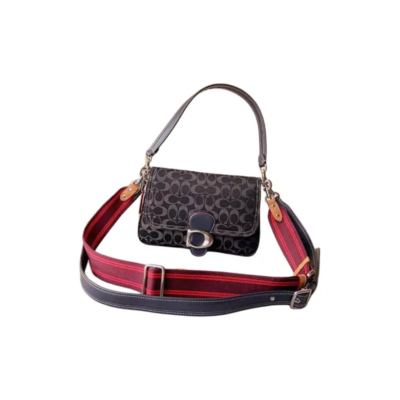 COACH Tabby Denim With Smooth Leather Saddle Bag Handbag Shoulder Bag Small Size Women's Black-1