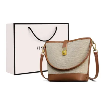 VINEY Fabric Bucket Bag Handbag Medium Size Women's Ecru & Brown