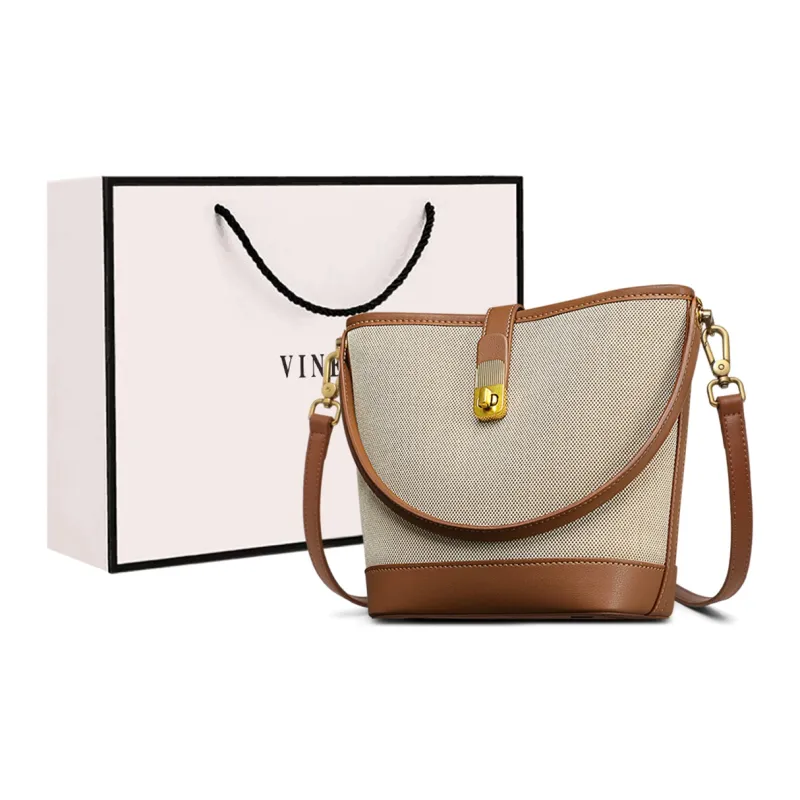 VINEY Fabric Bucket Bag Handbag Medium Size Women's Ecru & Brown-0