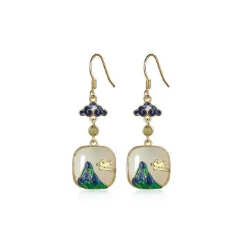 Cuiya Golden Building Hetian Jade Earrings Pale Greenish White Jade Women's