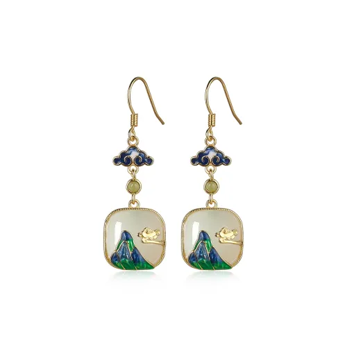 Cuiya Golden Building Hetian Jade Earrings Pale Greenish White Jade Women's