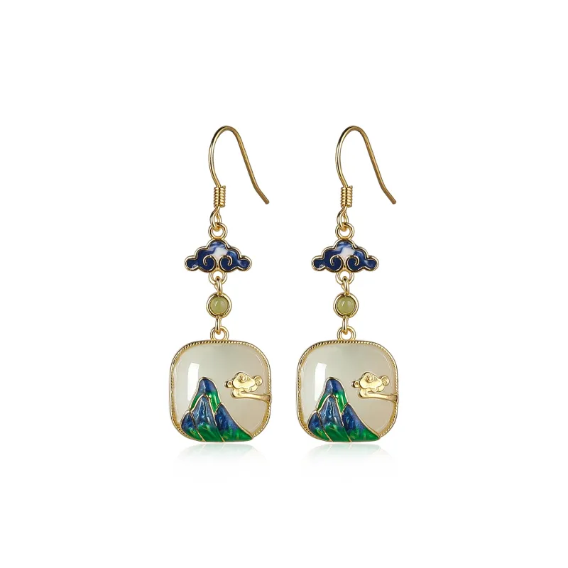 Cuiya Golden Building Hetian Jade Earrings Pale Greenish White Jade Women's-0
