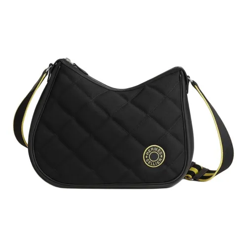 HERMES Woolycot Canvas With Swift Leather Shoulder Bag Crossbody Bag Women's Black & Neon Green