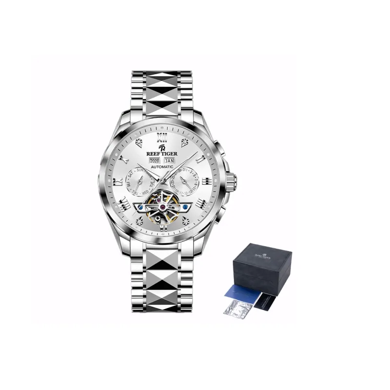 REEF TIGER Automatic Mechanical Movement Tungsten Steel Strap Watch Men's Watches Silver Dial-1