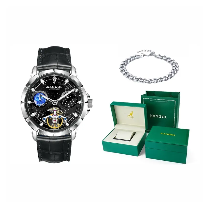 KANGOL Sea Of Stars Automatic Mechanical Movement Genuine Leather Strap Watch Men's Watches Cut Out Dial-22