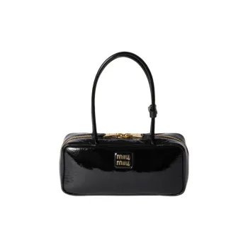 MIU MIU Naplak Lacquered Finish Sheepskin One Shoulder Handbags Women's Black