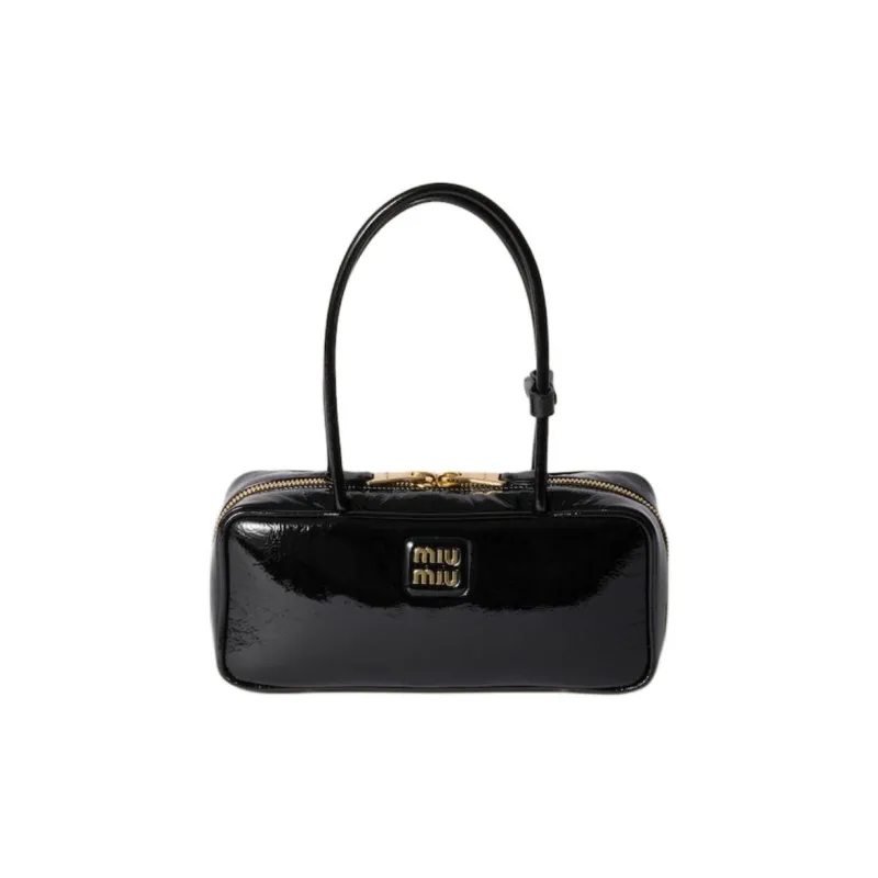 MIU MIU Naplak Lacquered Finish Sheepskin One Shoulder Handbags Women's Black-0