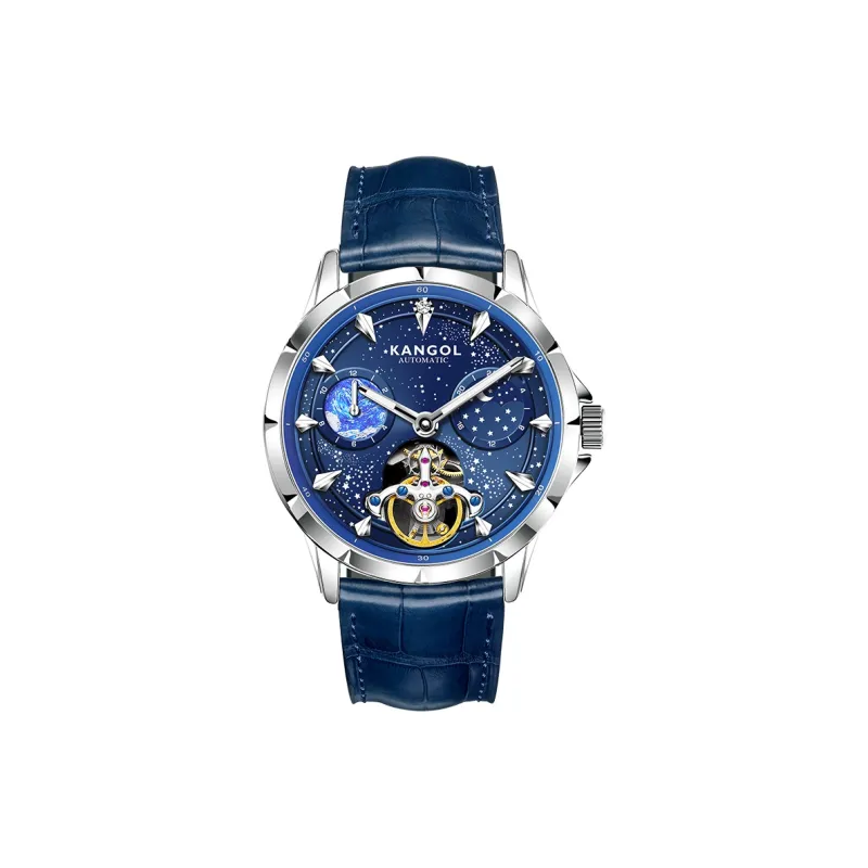 KANGOL Sea Of Stars Automatic Mechanical Movement Genuine Leather Strap Watch Men's Watches Cut Out Dial-8