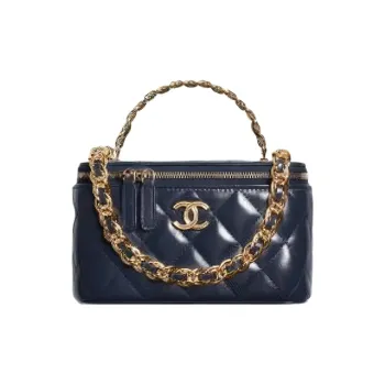 CHANEL Oil Wax Sheepskin Box Makeup Bag, Handbag, Shoulder Bag, Crossbody Bag, Clutch Women's Dark Blue