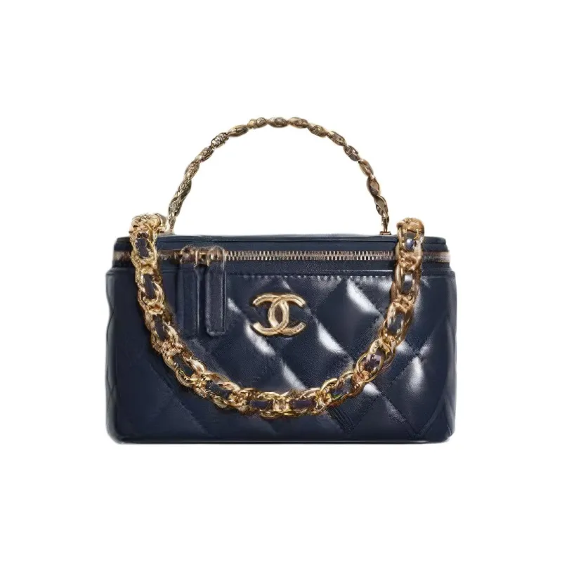 CHANEL Oil Wax Sheepskin Box Makeup Bag, Handbag, Shoulder Bag, Crossbody Bag, Clutch Women's Dark Blue-0