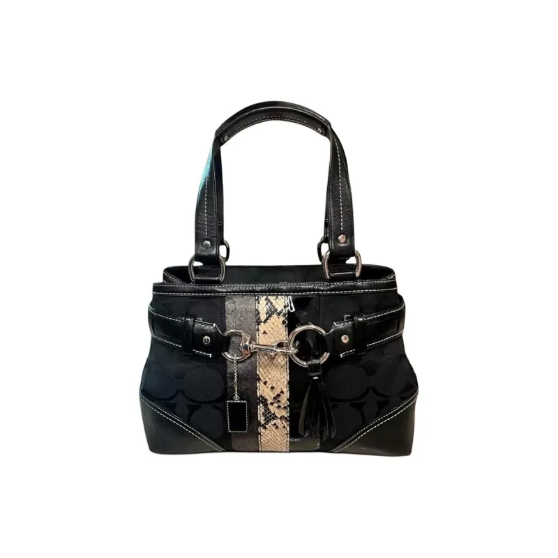 COACH Hamptons Canvas With Leather Tote Bag Shopping Bag Handbag Medium Size Women's Black-1