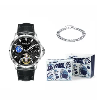 KANGOL Sea Of Stars Automatic Mechanical Movement Genuine Leather Strap Watch Men's Watches Cut Out Dial