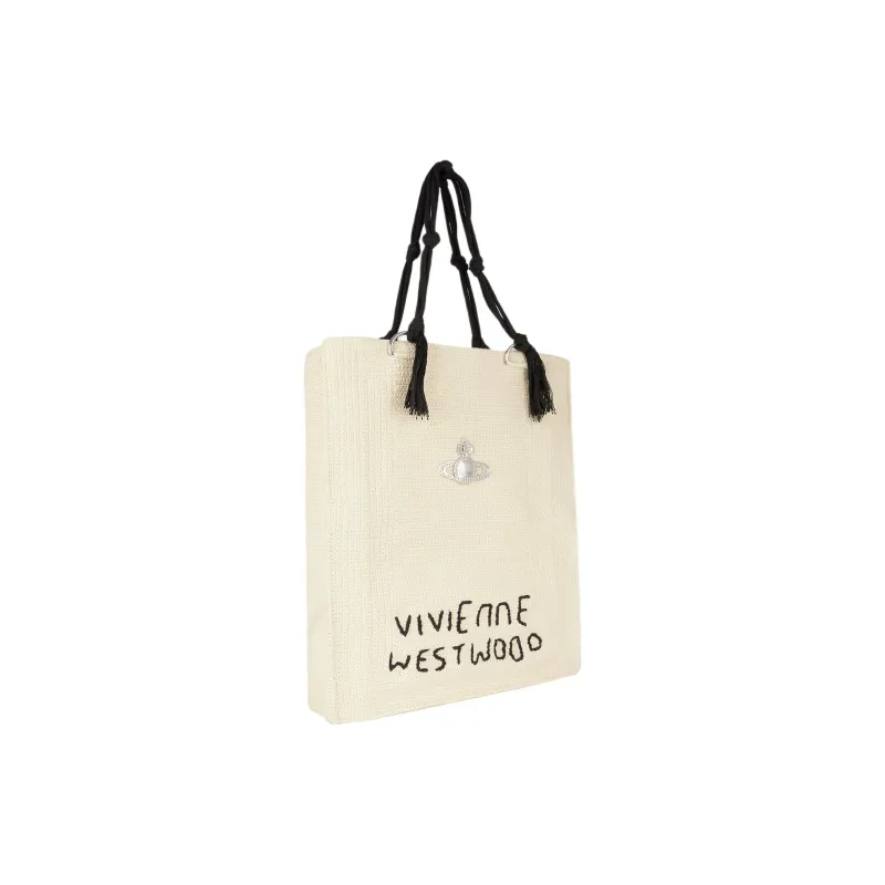 Vivienne Westwood Mabel Cotton Tote Bag, Shopping Bag, Handbag Large Size Women's White-1
